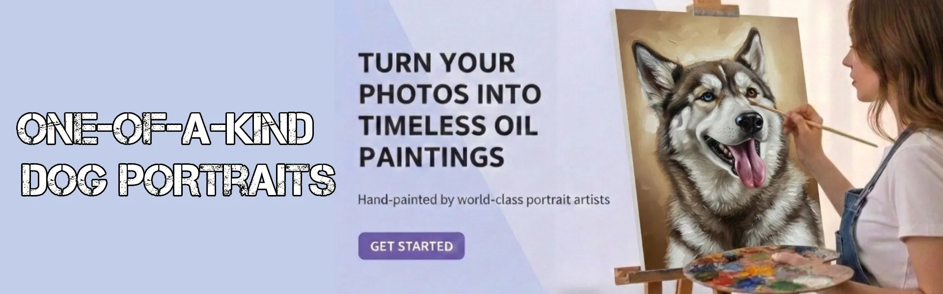 Custom dog portrait banner showing an artist hand‑painting a realistic Husky oil painting from a photo.